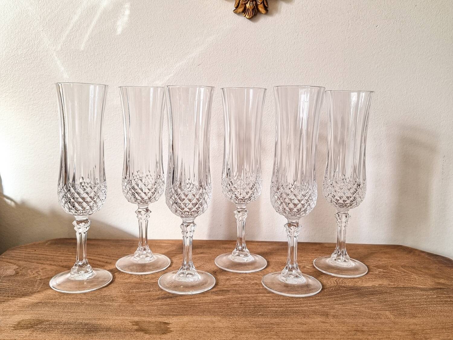 6 Champagne flutes, Arques crystal, Longchamp model