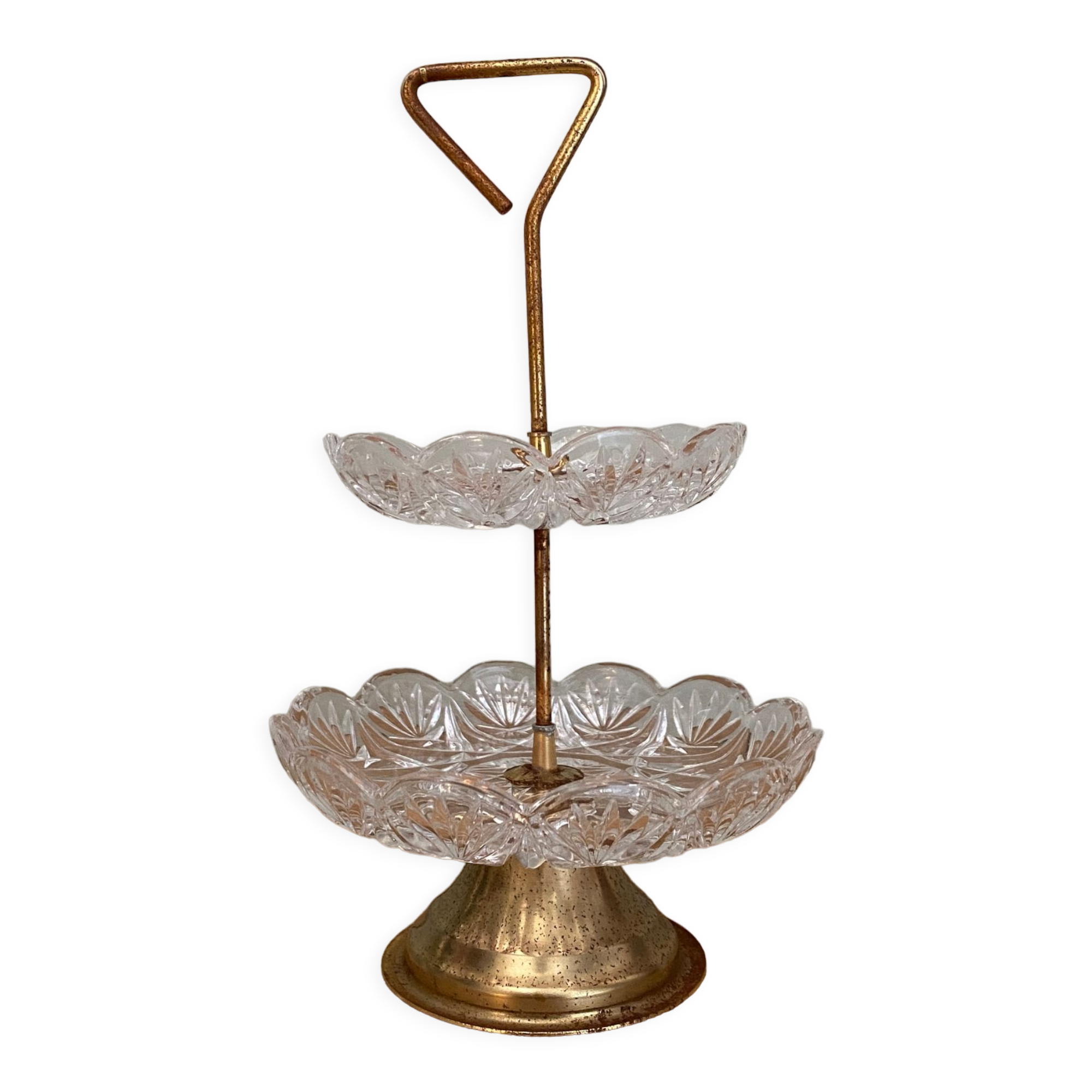 Porte bijoux ou serviteur vintage en verre ciselé et laiton