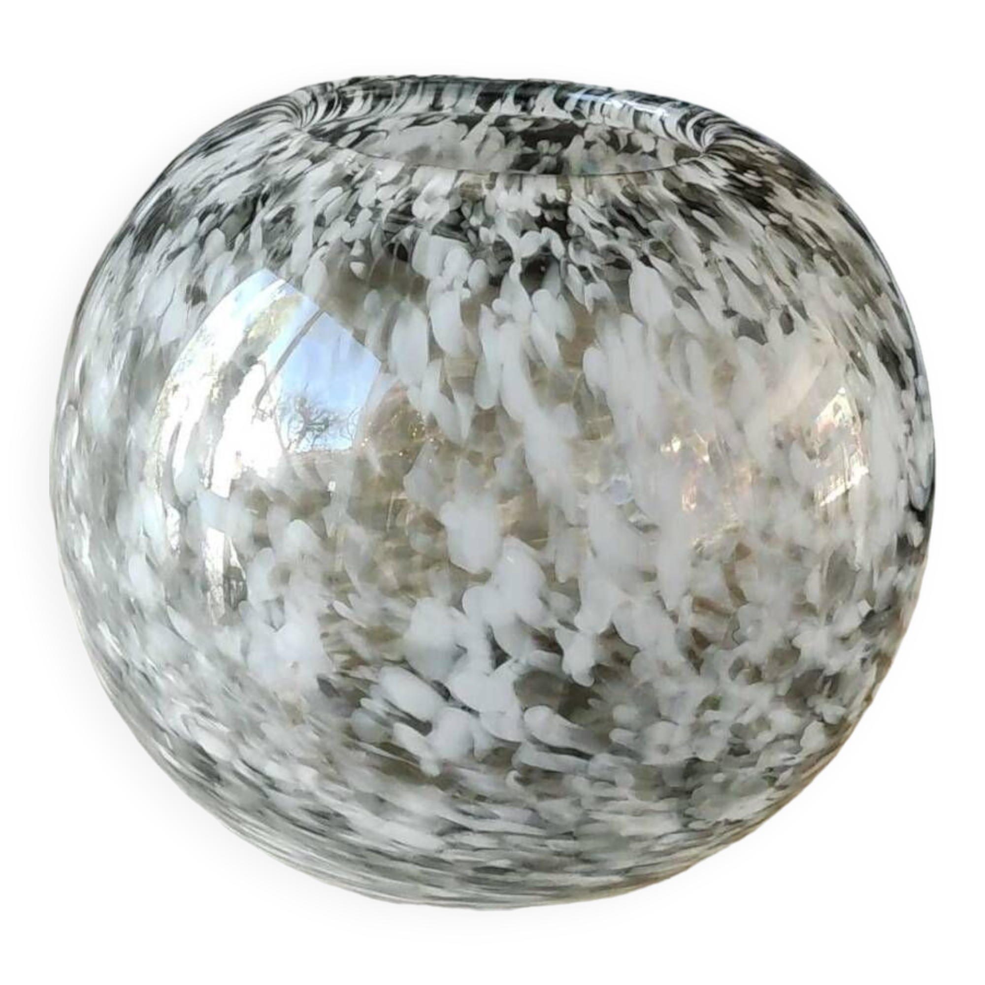 Spherical/ball vase in blown art glass. lsa international. smoked gray speckled white. size 14 x 15 cm