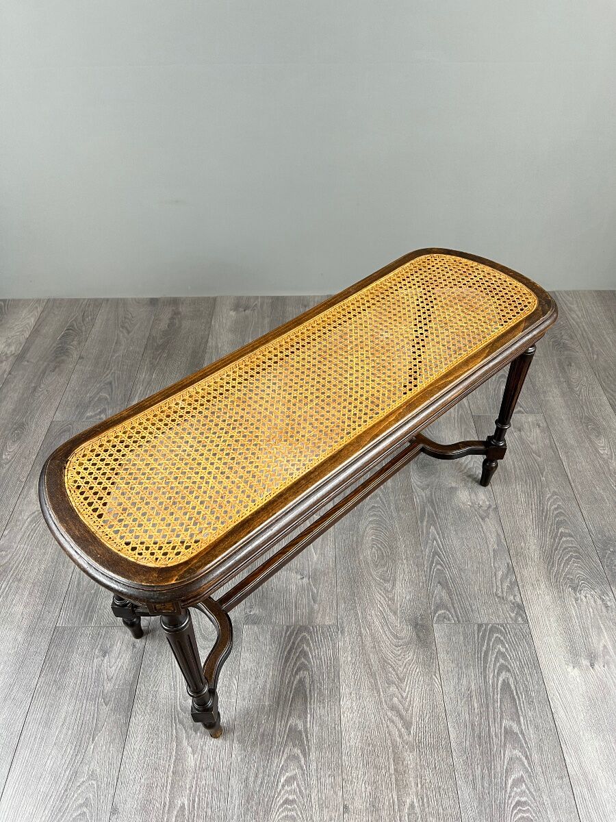 Antique wooden bench, caned seat, Louis XVI style, 20th century.