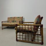 Canapé italien des années 1970 en bambou, rotin, laiton et tissu style Liberty