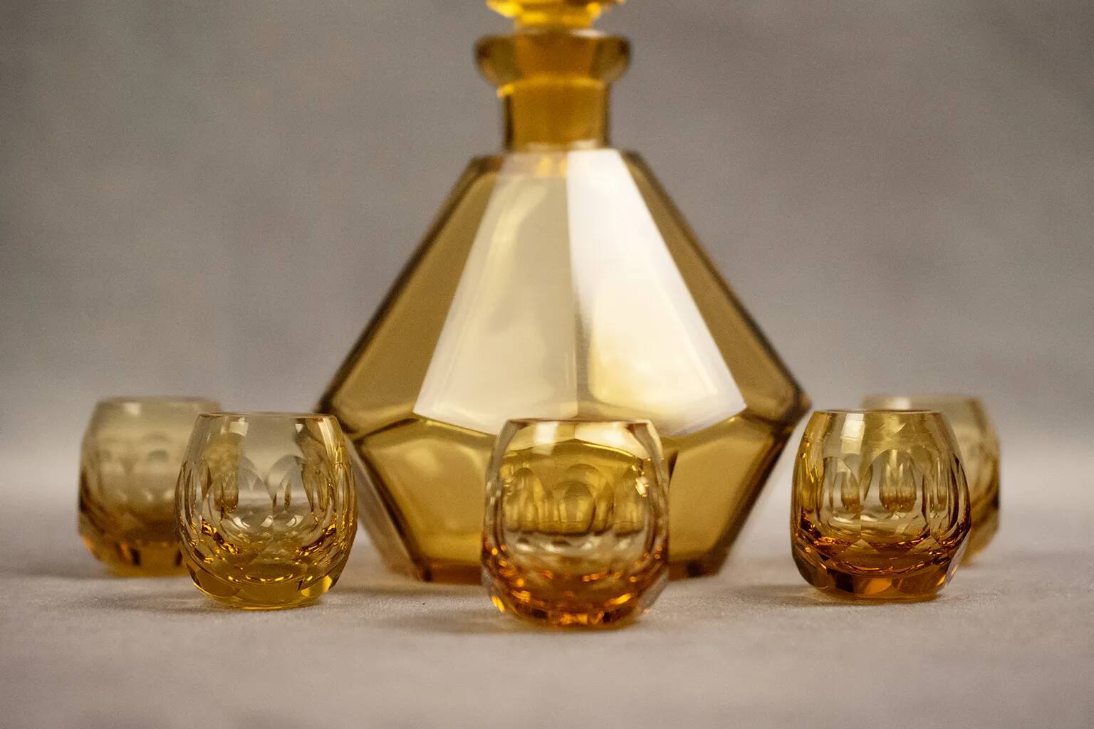 Art Deco Moser liqueur set in frosted orange glass