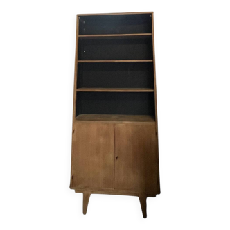 Grande bibliothèque vintage des années 50 pieds compas en chêne brut