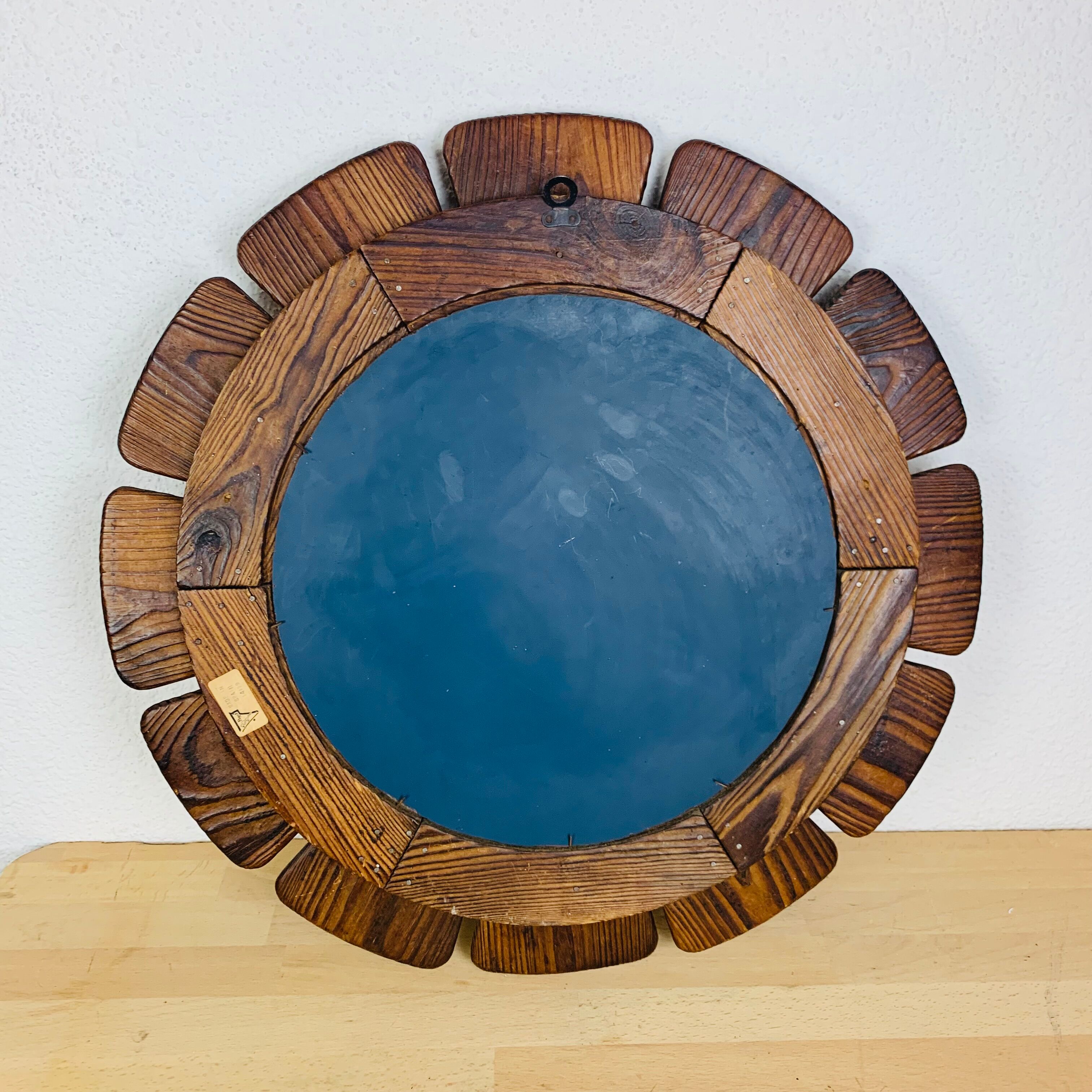 Brutalist mirror round wood 52 cm