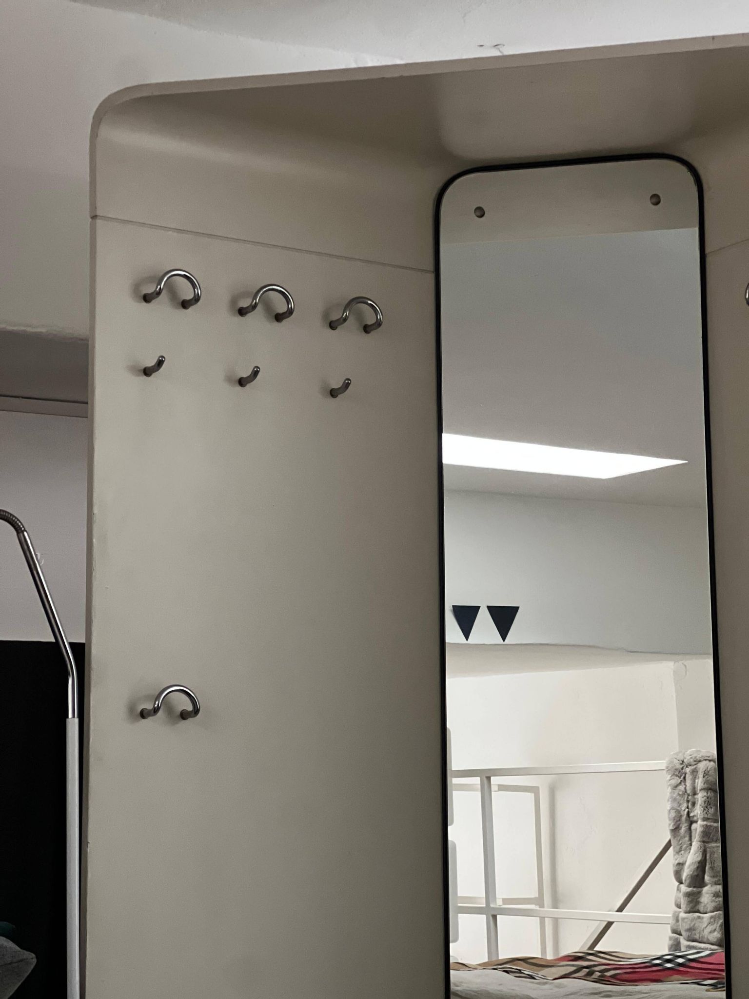 1960s Mid-Century Modern White Wood Corner Coat Hanger with Mirror