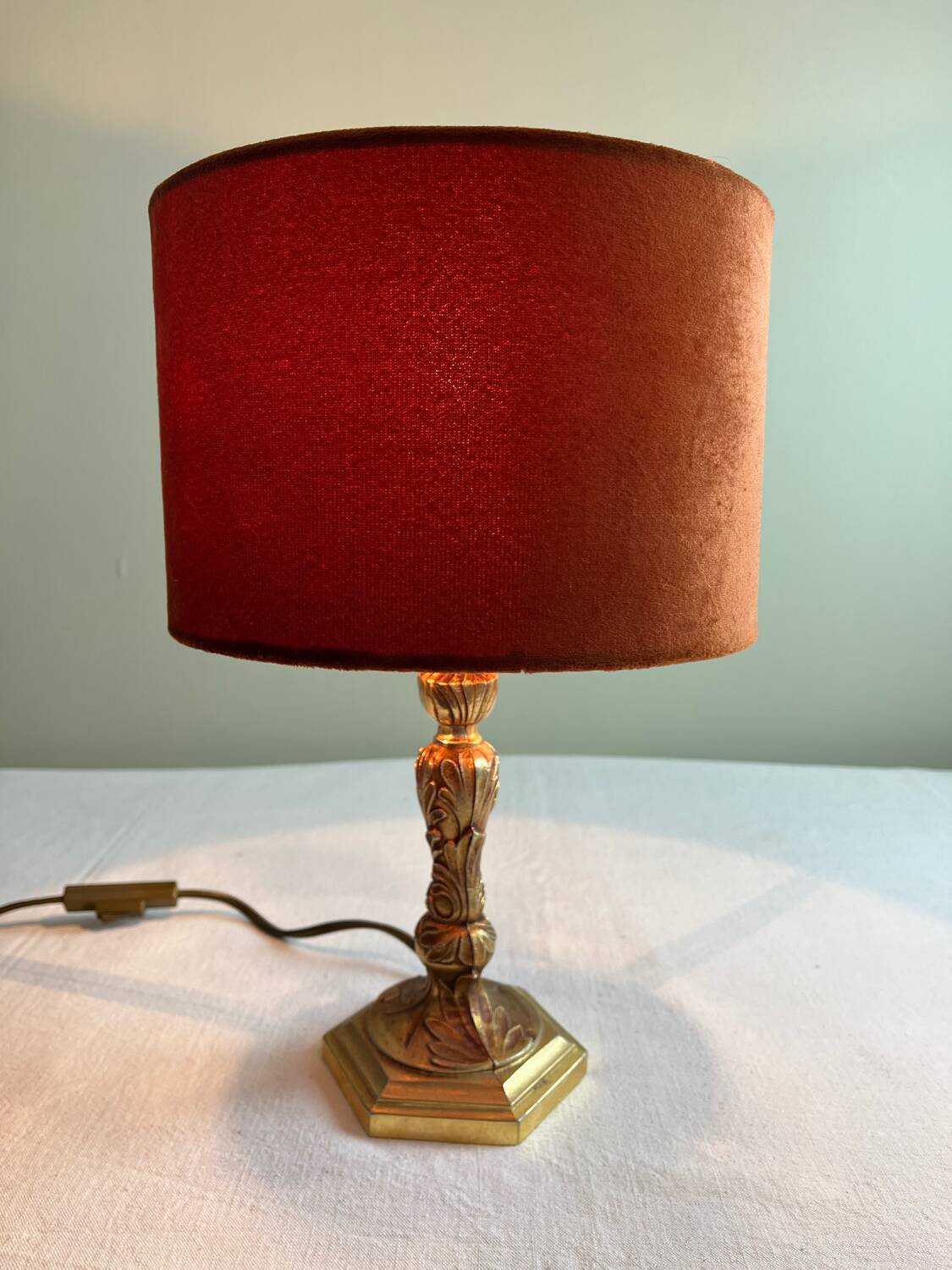 Brass and velvet lamp