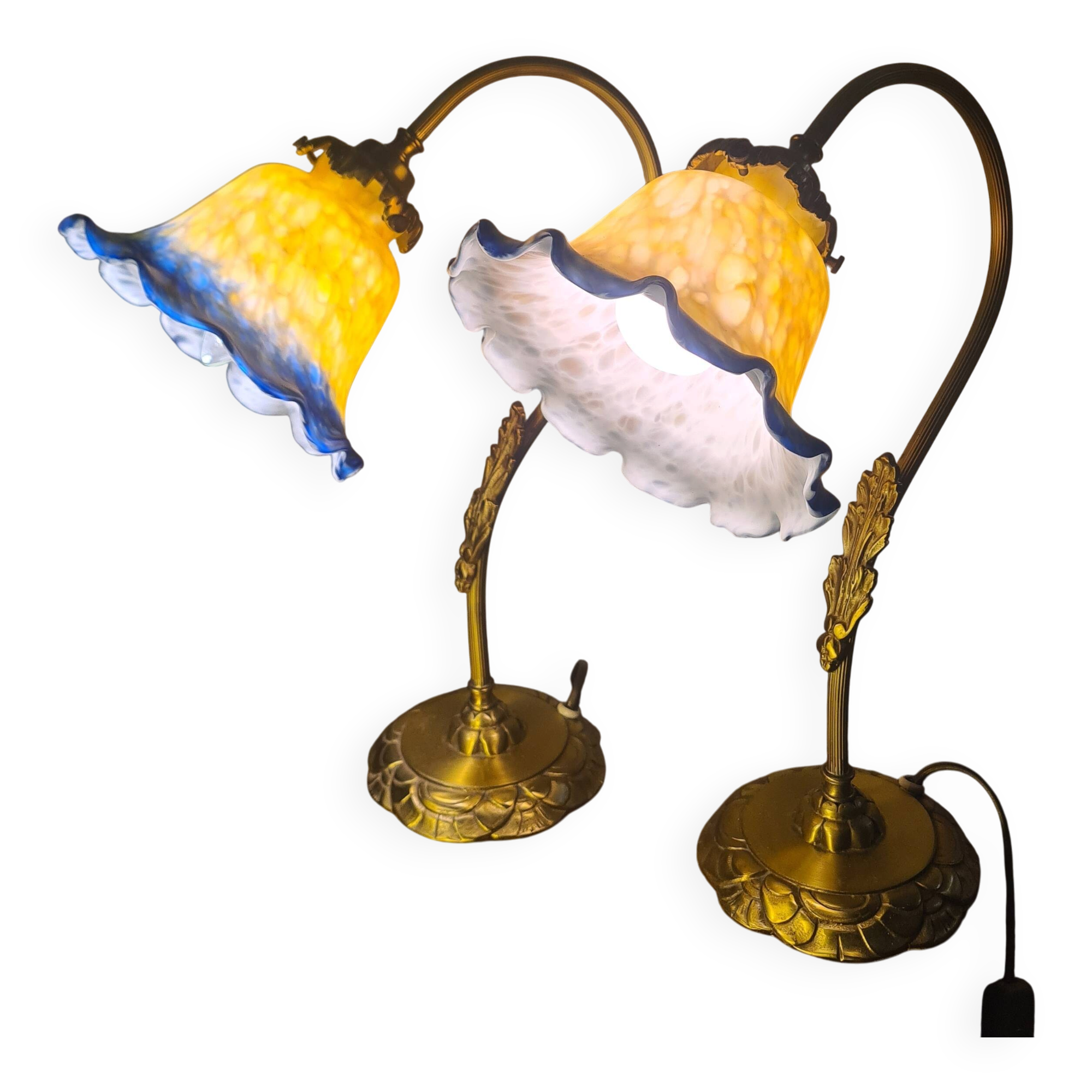 pair of brass bedside lamps 40x32 glass paste lampshade electric 1970s