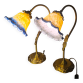pair of brass bedside lamps 40x32 glass paste lampshade electric 1970s