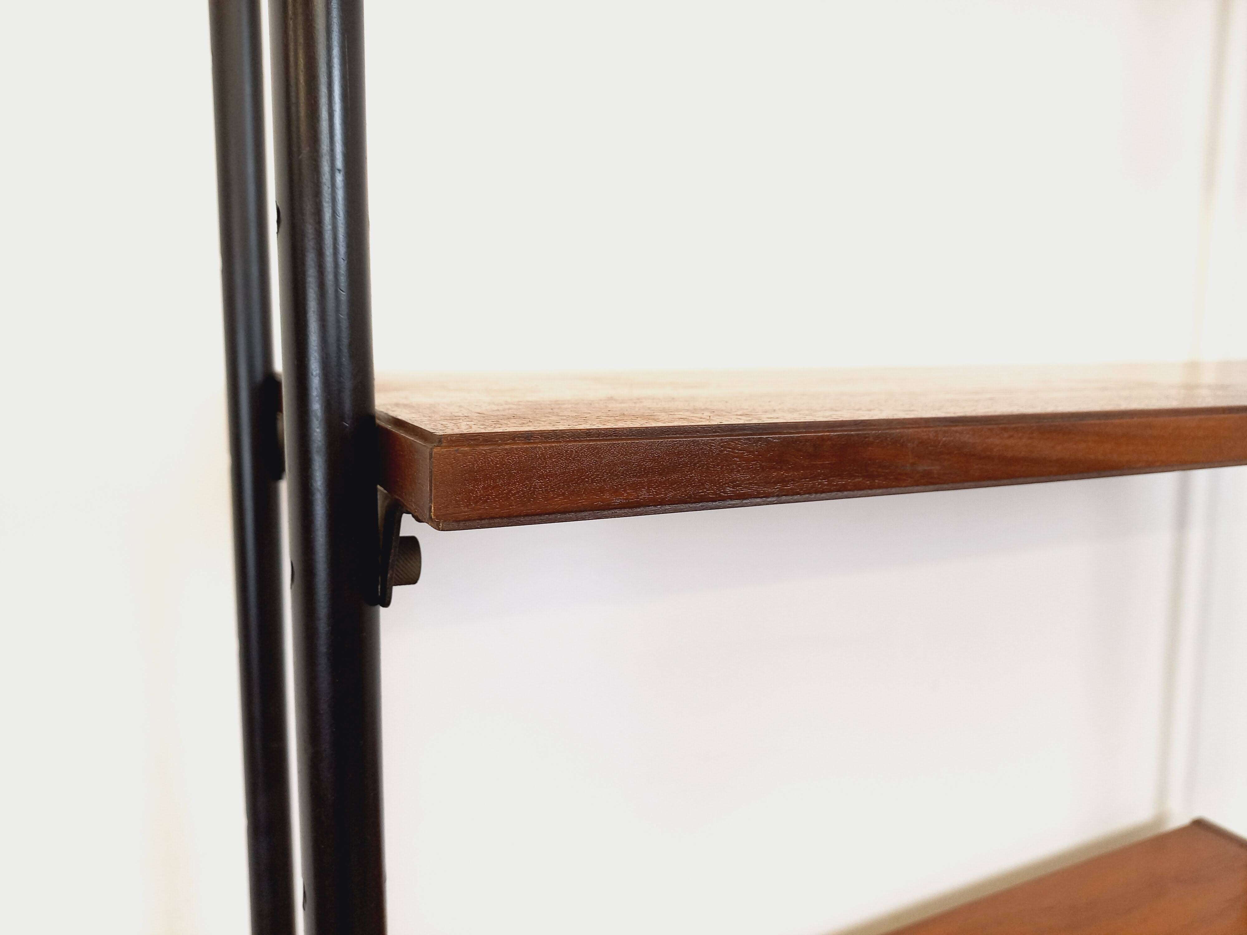 Vintage Italian modular shelving unit in teak and metal from the 1970s