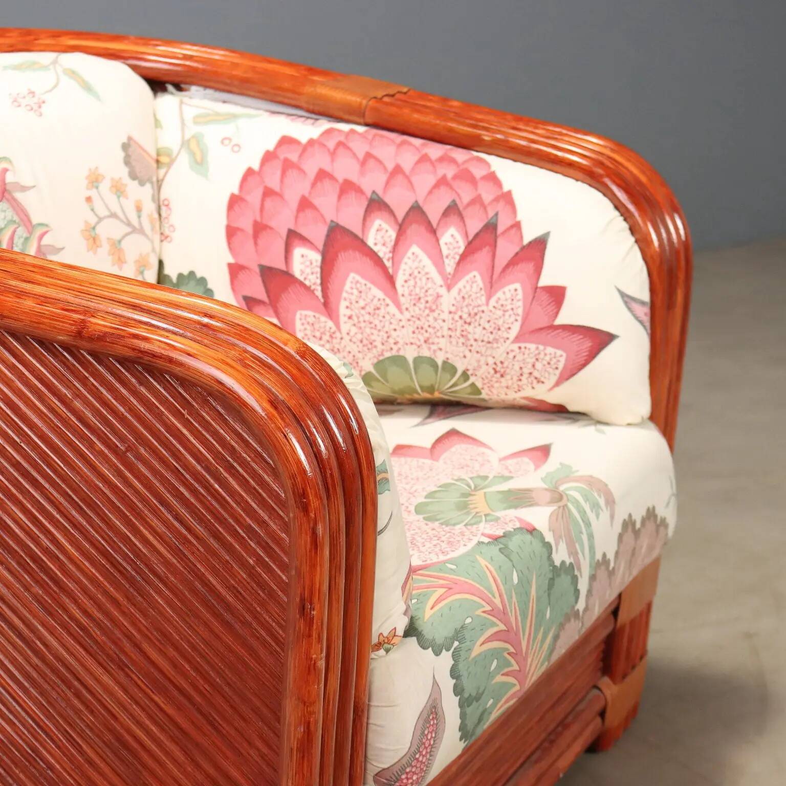 Red lacquered rattan and bamboo sofa from the 1980s.
