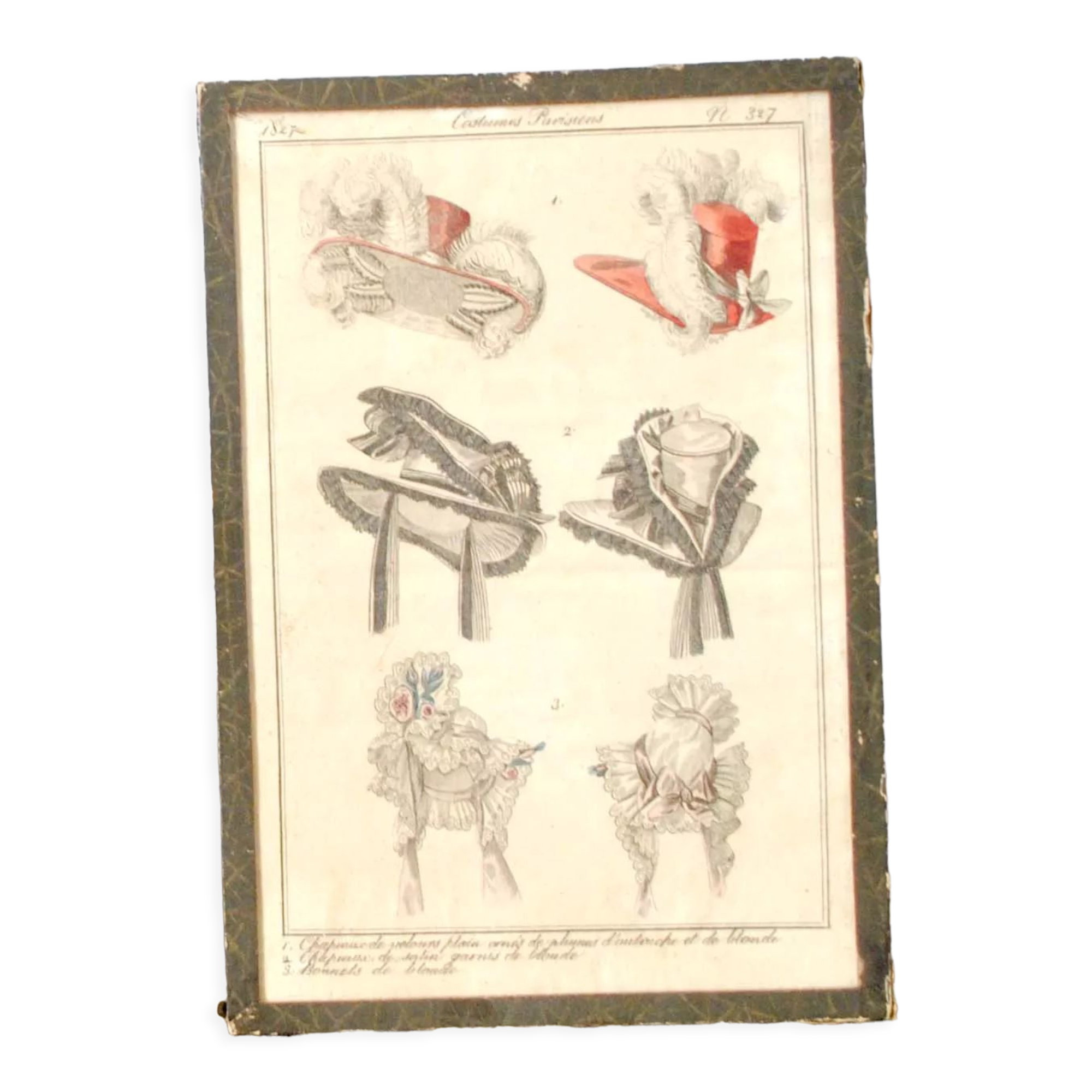 Old fashion engraving Empire 1827 "Parisian Costumes" Satin hats, velvet, blonde