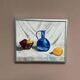 Huile sur toile "Nature morte avec bouteille bleue" par inconnu, vintage et encadrée.