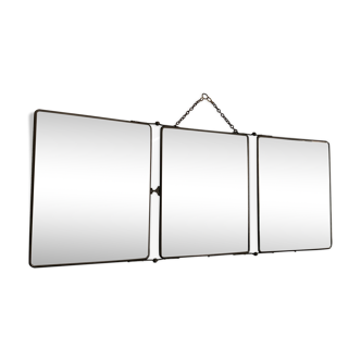 Vintage mirror 1930 triptych barber lime, 30 x 78 cm
