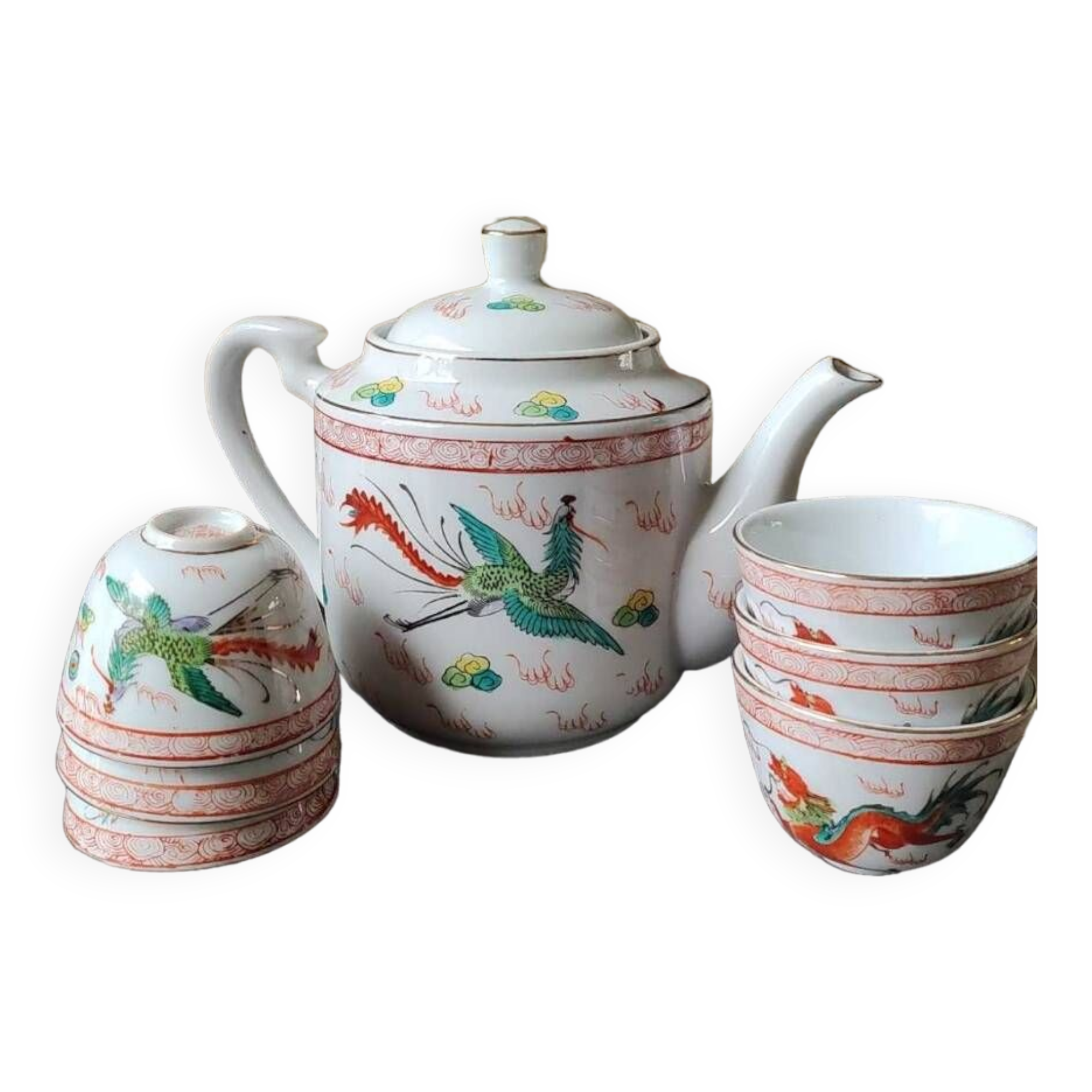 Chinese tea service/Teapot + 6 cups. In fine porcelain. Dragons/Phoenix decor. Feng Shui Rose Family Style. 70s