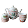 Service à thé Chinois/Théière + 6 tasses. En porcelaine fine. Décor Dragons/Phoenix. Style Famille Rose Feng Shui. Années 70