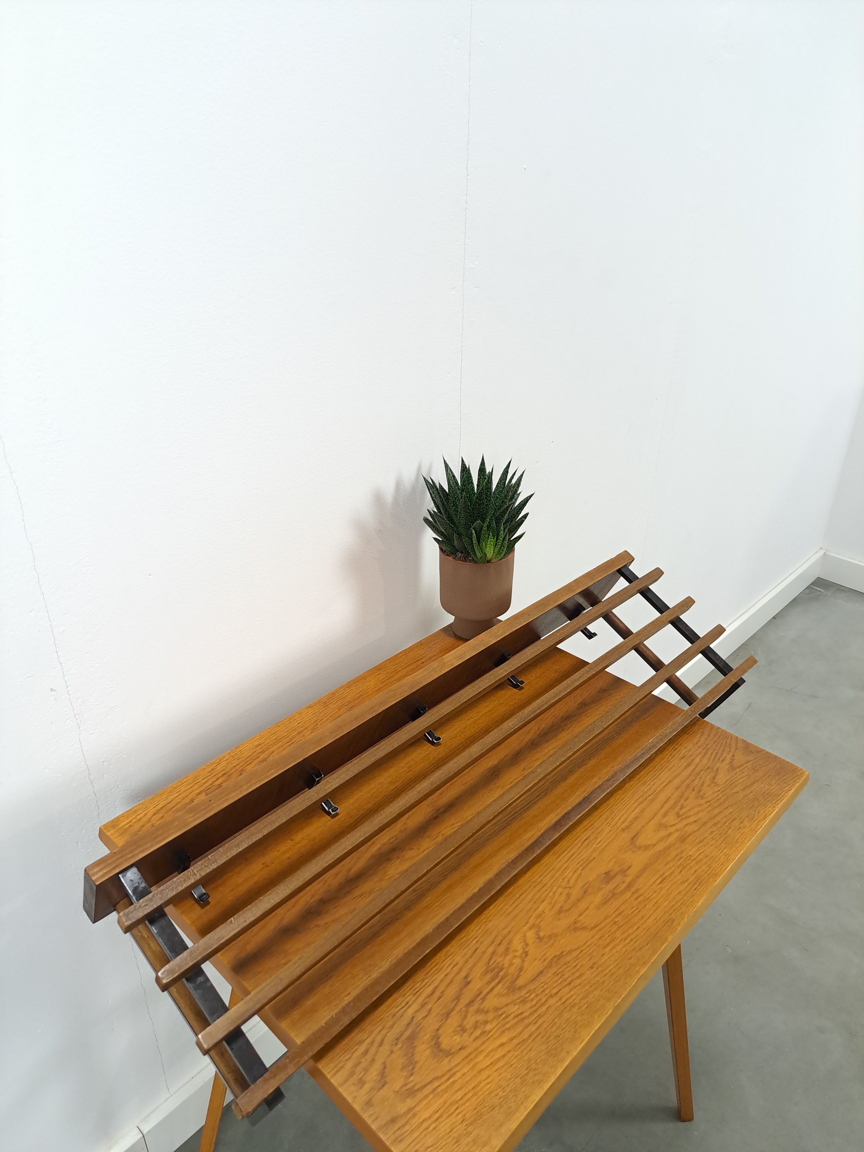 Wall coat rack with black steel and dark wood vintage