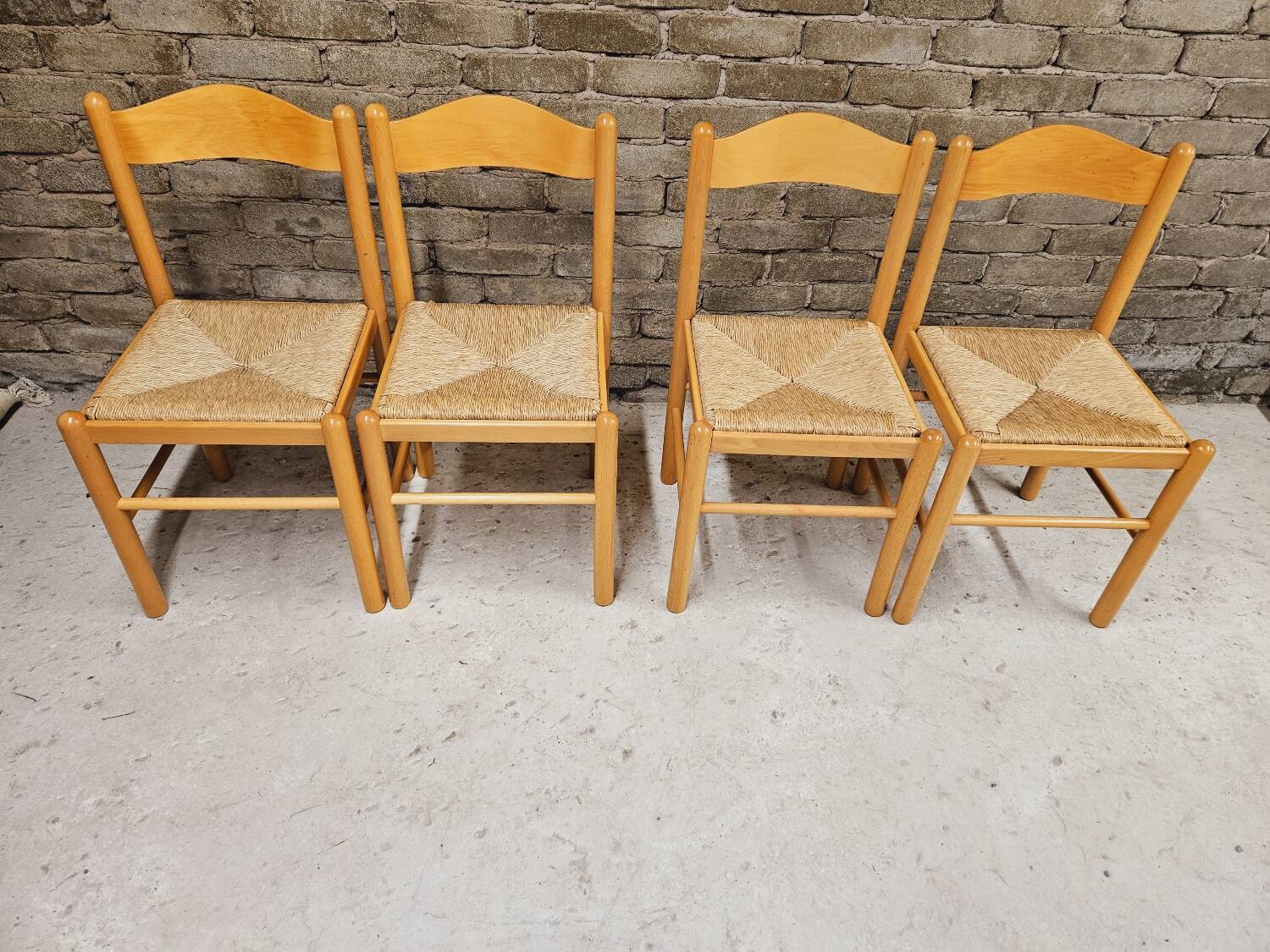 Set of 4 vintage pine and rush chairs