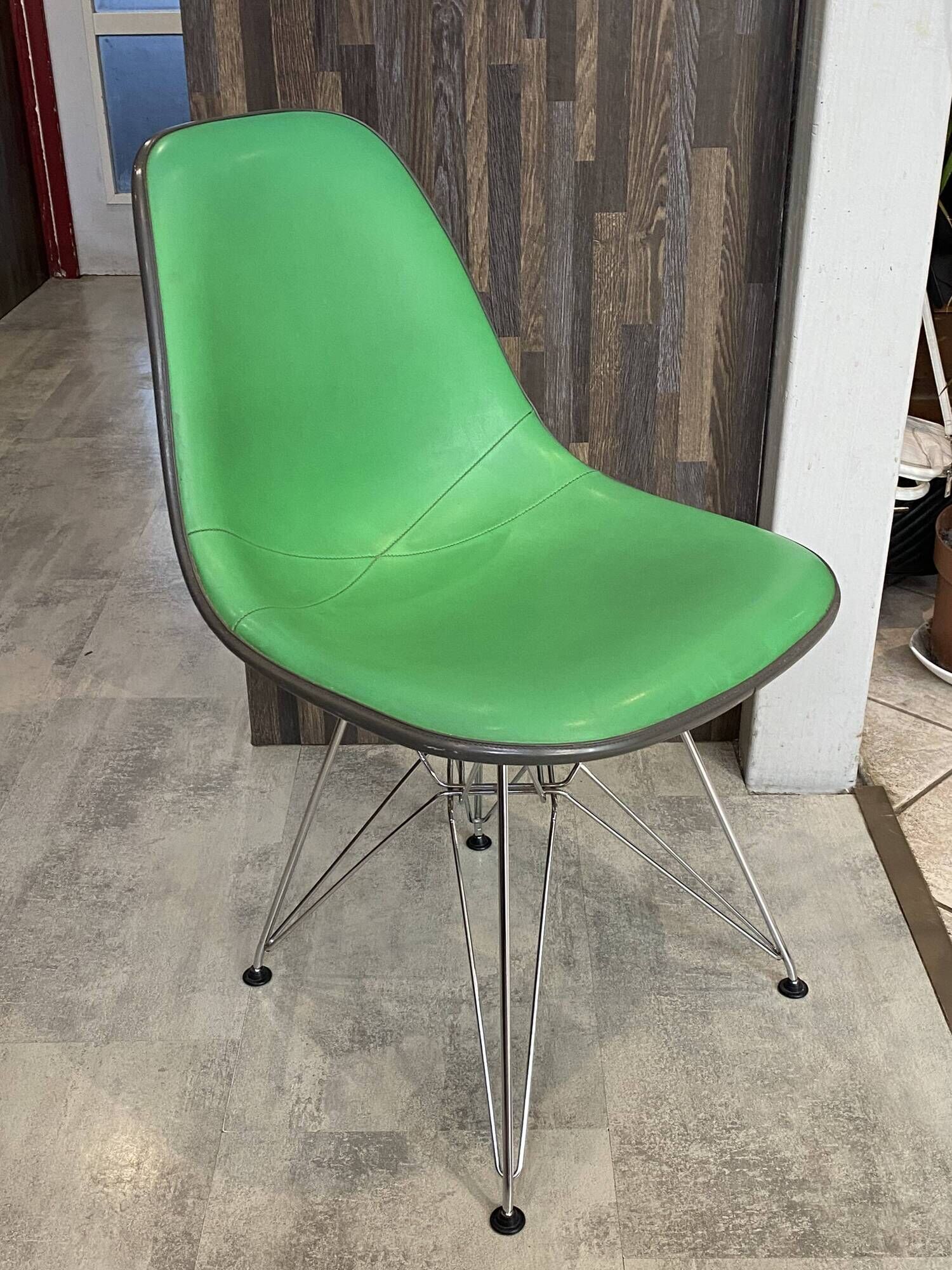 Eames Herman Miller DSR Eiffel chair in green greige fibreglass and vinyl.
