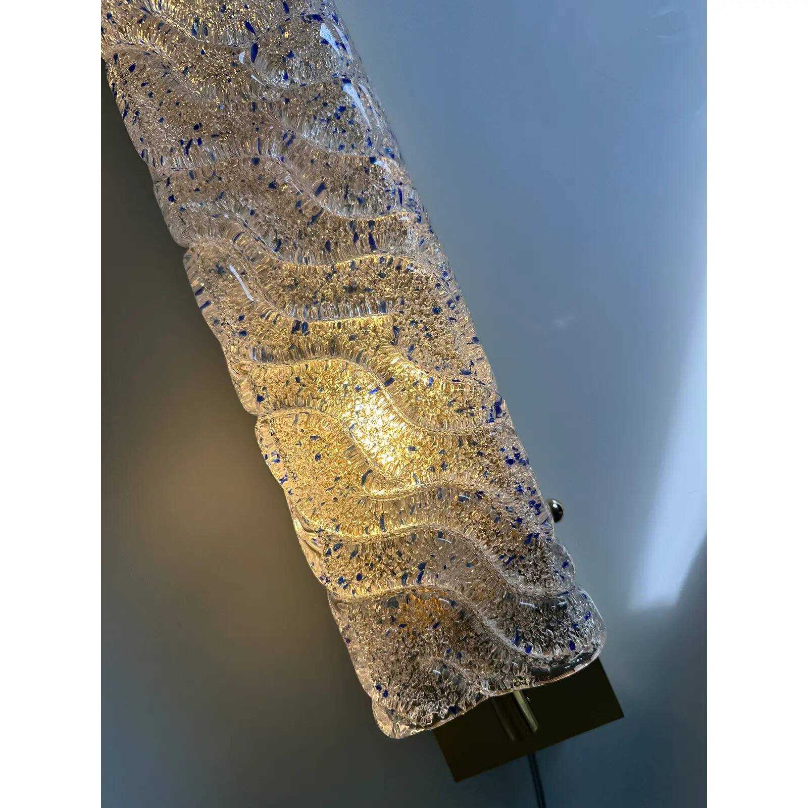 Pair of Gold Wall Sconces with Blue Graniglia Murano Glass
