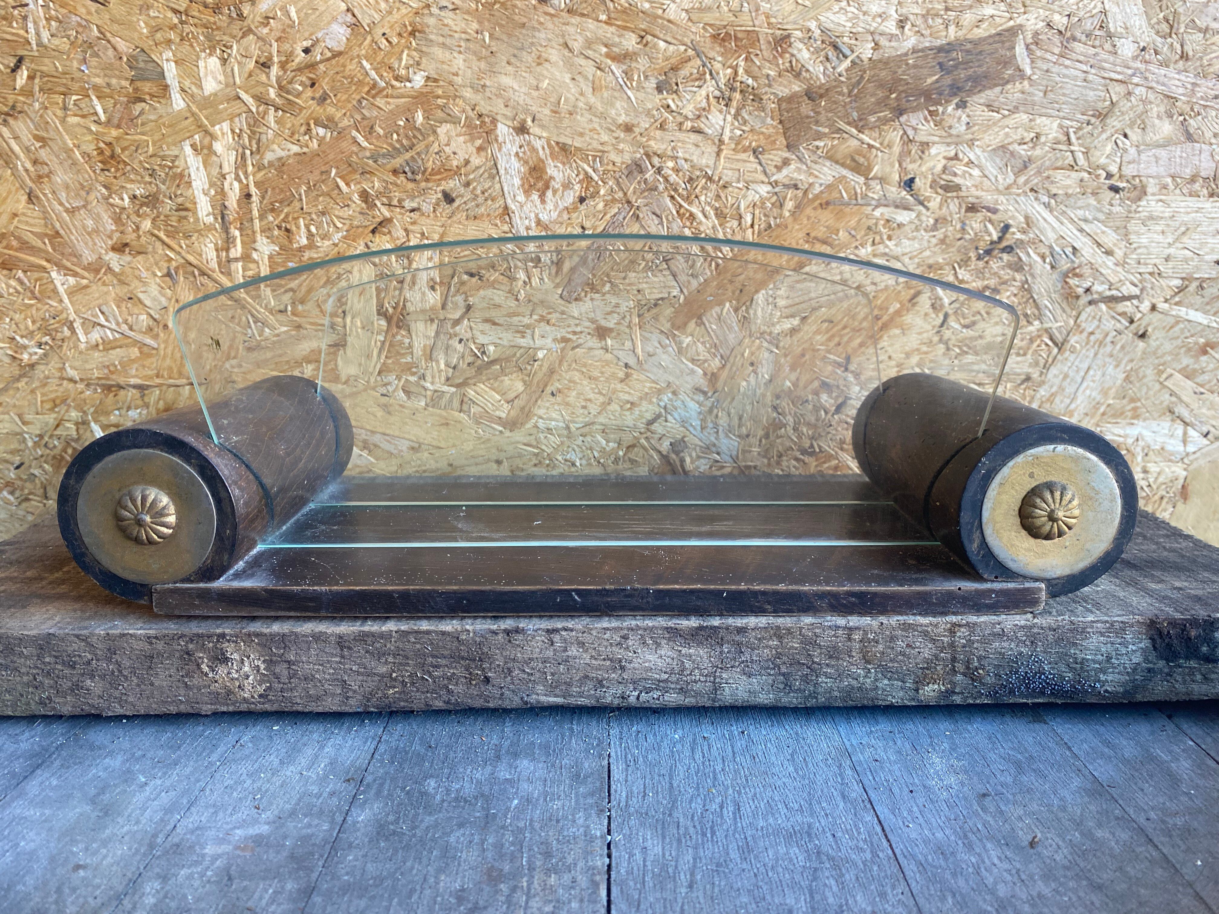 Aperitif Server Vintage Art Deco Wood + Brass + Glass Plates