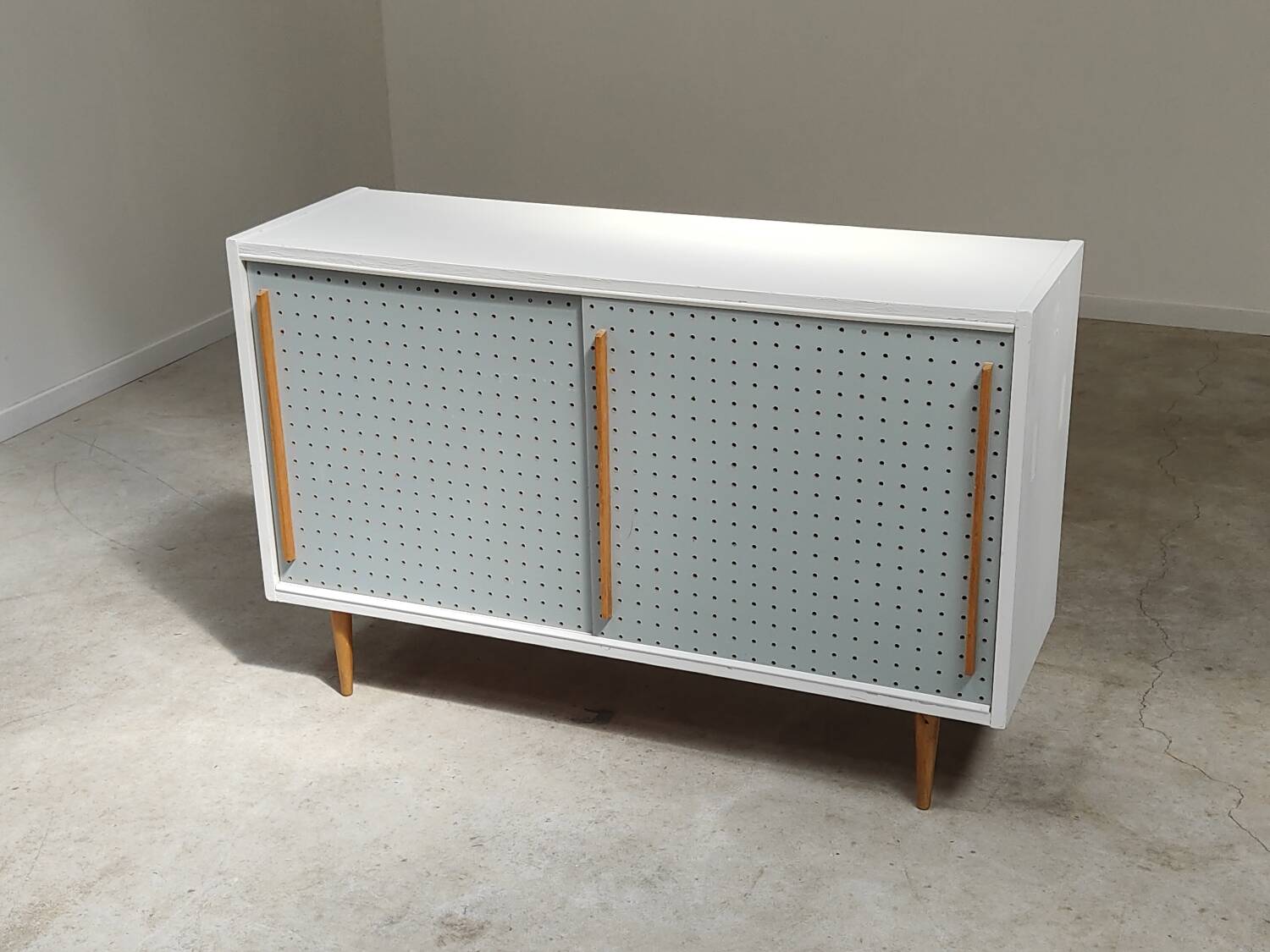 Blue and white chest of drawers by Drevopodnik Brno 1960