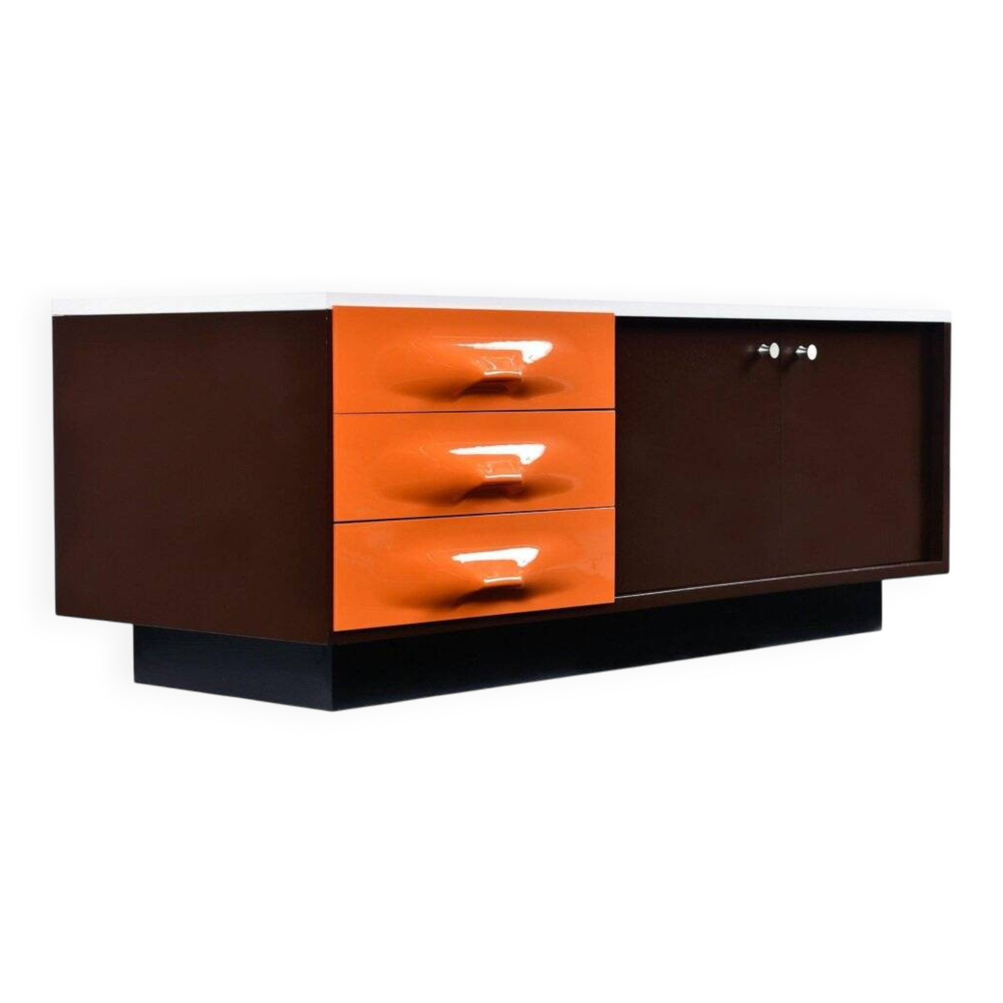Meuble TV DF-2000 en marron, orange et blanc de Raymond Loewy.