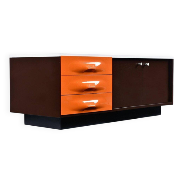 Meuble TV DF-2000 en marron, orange et blanc de Raymond Loewy.