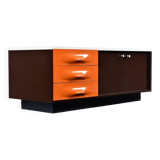 Meuble TV DF-2000 en marron, orange et blanc de Raymond Loewy.