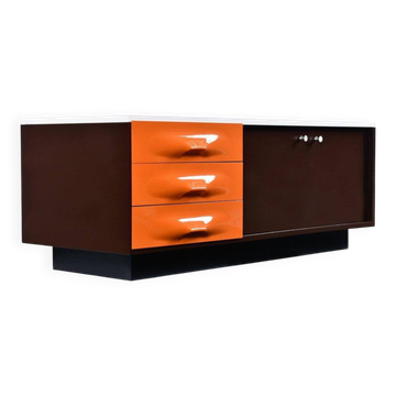 Meuble TV DF-2000 en marron, orange et blanc de Raymond Loewy.