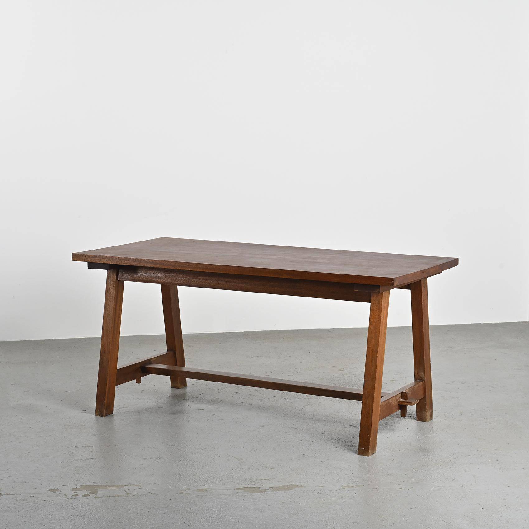 Mahogany dining table and benches, mountain work, France circa 1960