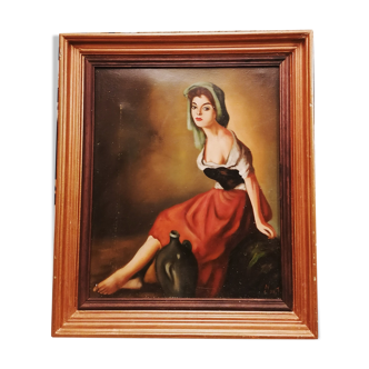 Huile sur toile signé portrait d'une puisatière, début XXème