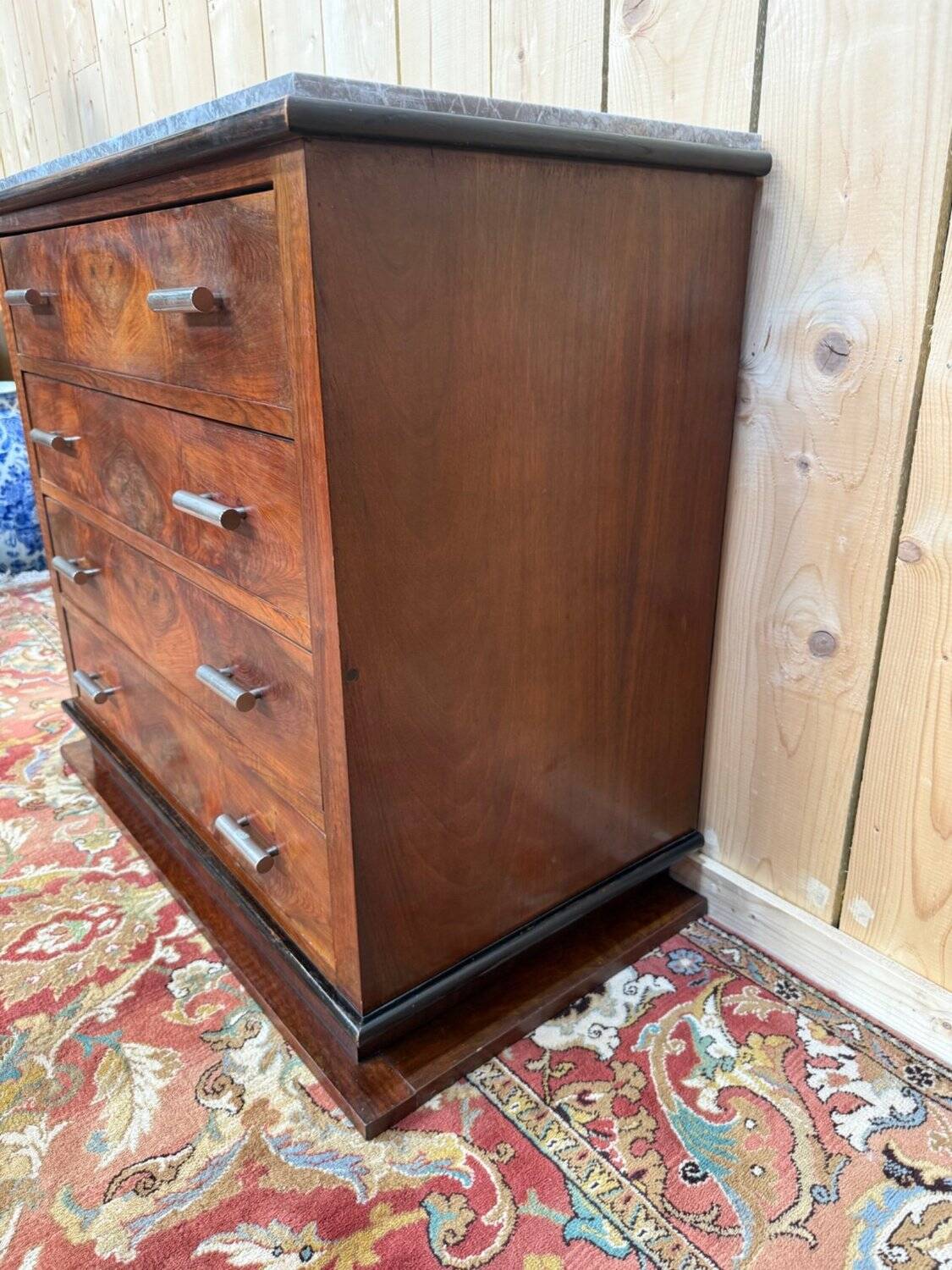 Commode Art Déco – Placage de noyer en ronce & marbre – Années 1930