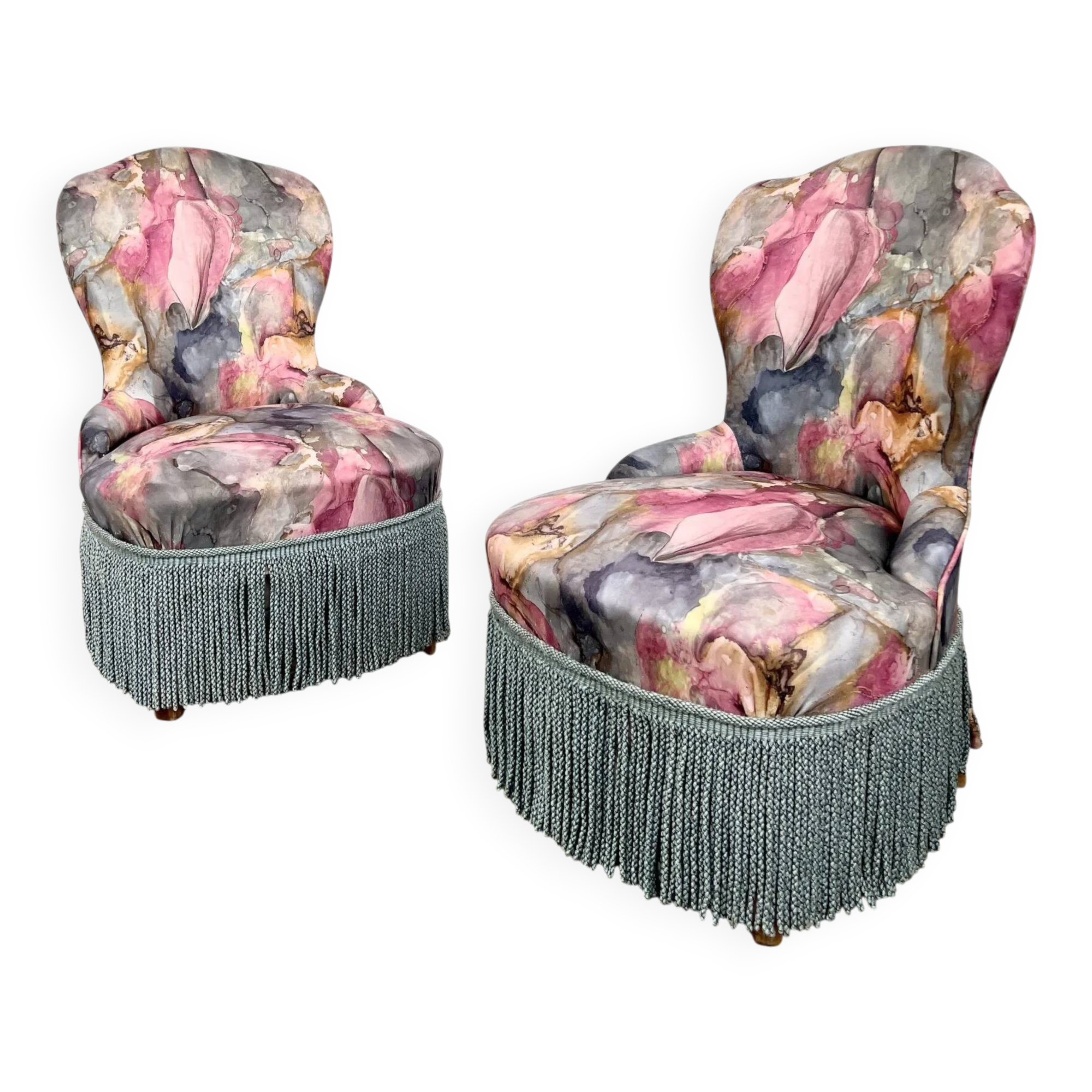 Paire de Chauffeuses "Boudoir" à Fleurs et Franges