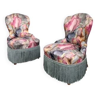 Pair of "Boudoir" Armchairs with Flowers and Fringes