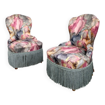 Pair of "Boudoir" Armchairs with Flowers and Fringes