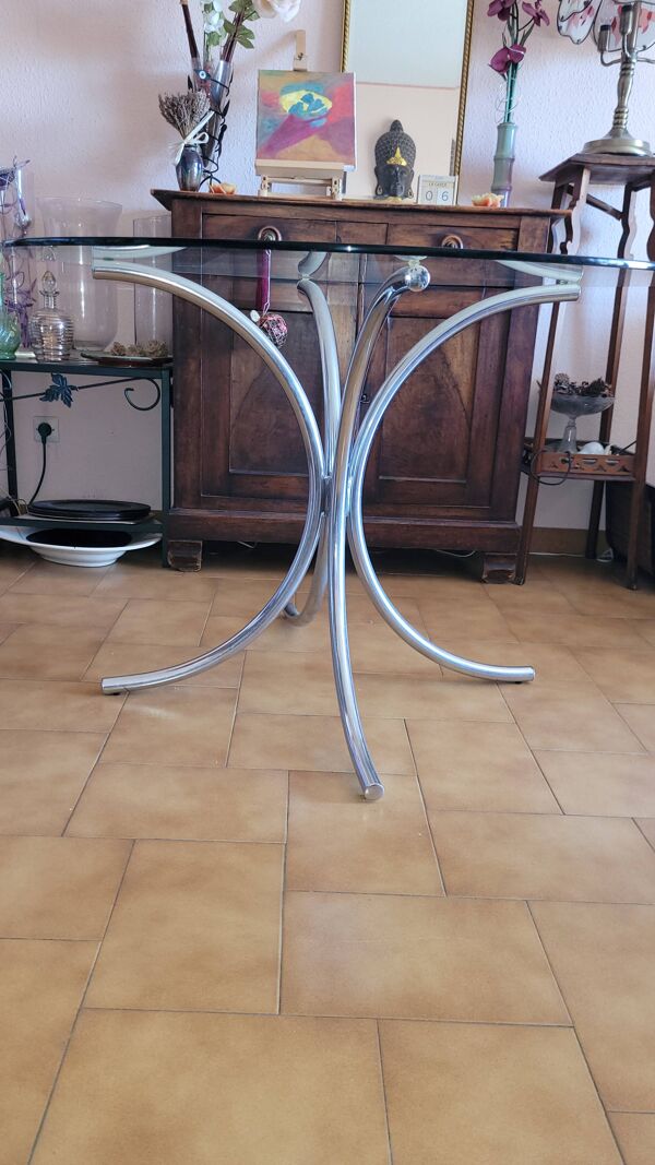 Table ronde vintage en métal et verre