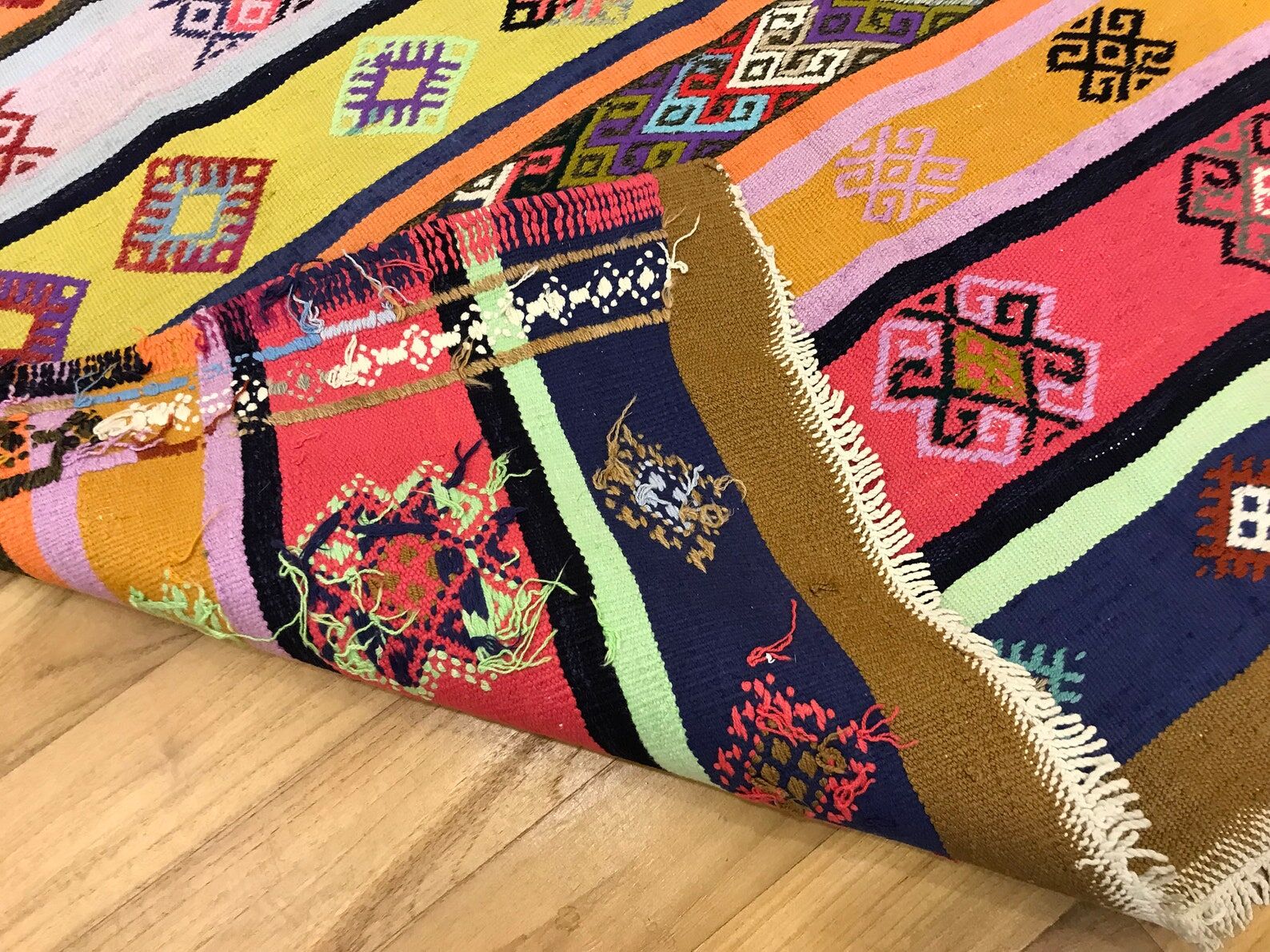 Colorful runner rug, handmade turkish kilim rug with ethnic patterns
