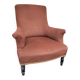 Antique crapaud chair in brown velvet – turned legs and brass rings.