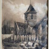Tableau Dessin encre XIX° siècle "l'église abandonnée" signé Constant