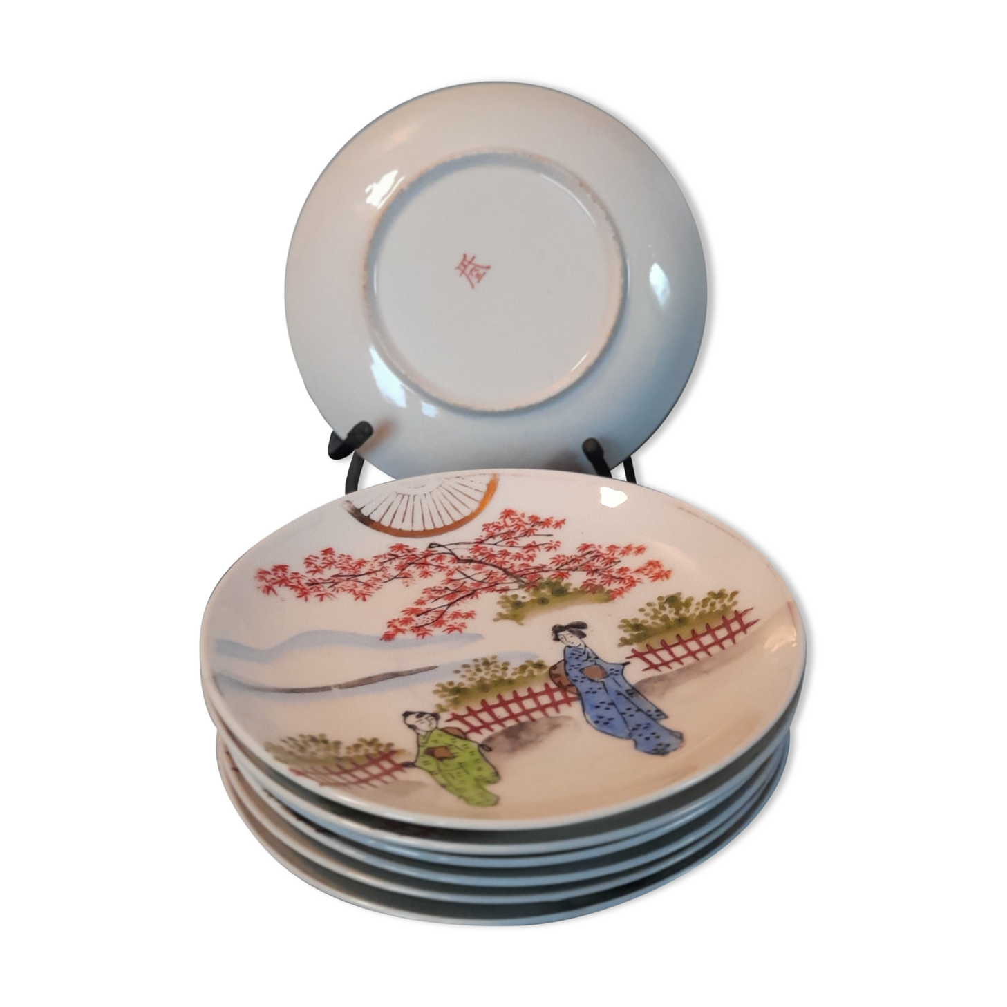 7 sub-cups / small plates porcelain extrafine geisha décor and Japanese landscape, early twentieth century