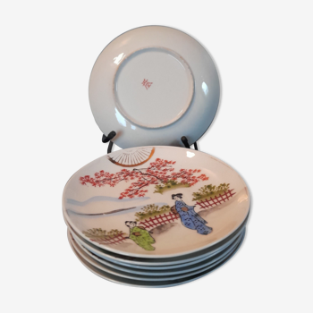 7 sub-cups / small plates porcelain extrafine geisha décor and Japanese landscape, early twentieth century