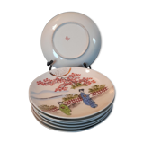 7 sub-cups / small plates porcelain extrafine geisha décor and Japanese landscape, early twentieth century
