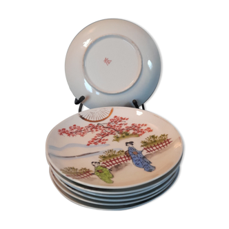 7 sub-cups / small plates porcelain extrafine geisha décor and Japanese landscape, early twentieth century