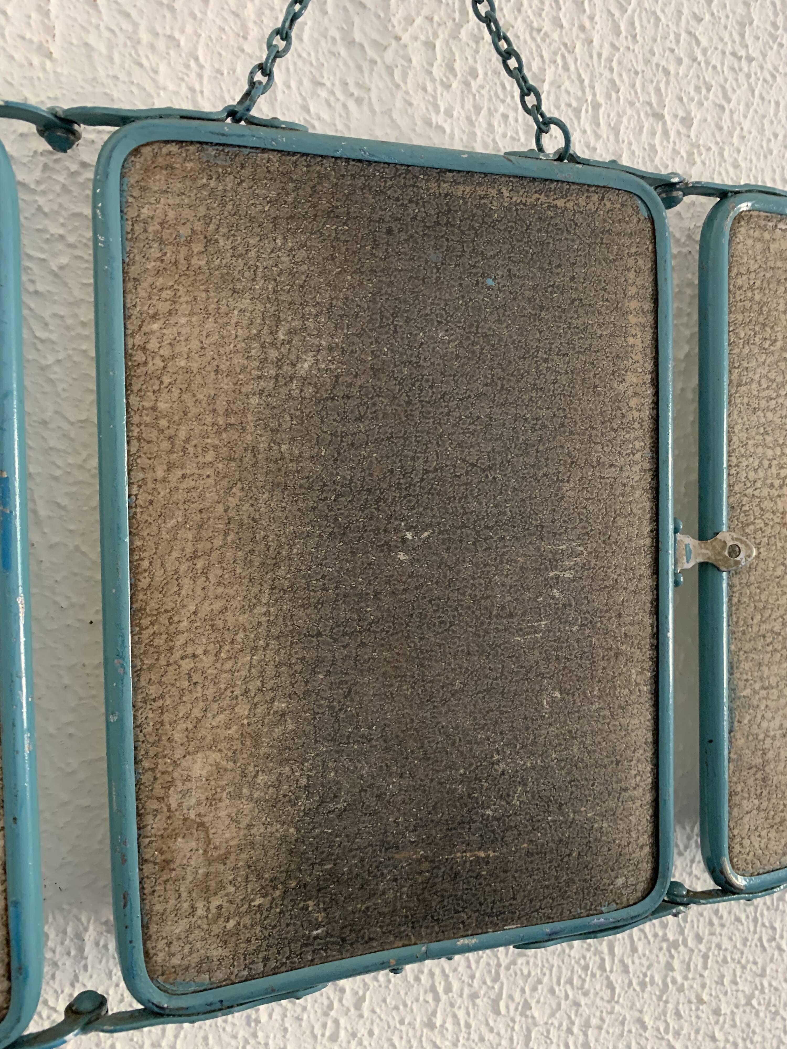 Vintage mirror 1950 gray peacock barber triptych - 22 x 50 cm