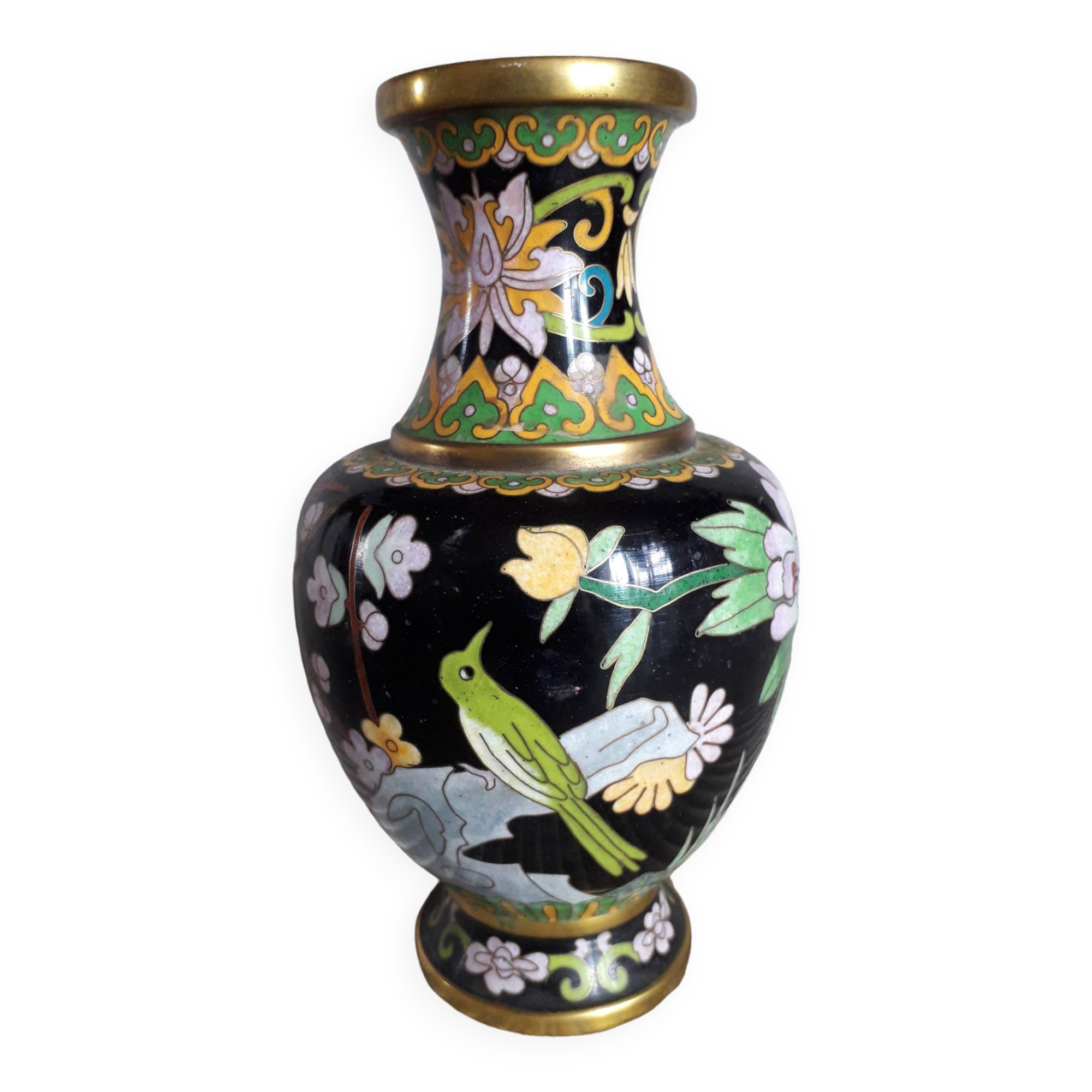 Vintage cloisonné enamel vase with floral and bird decoration