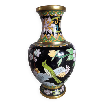 Vintage cloisonné enamel vase with floral and bird decoration