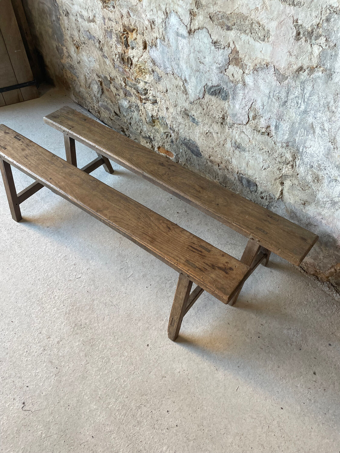 Pair of small antique solid wood benches