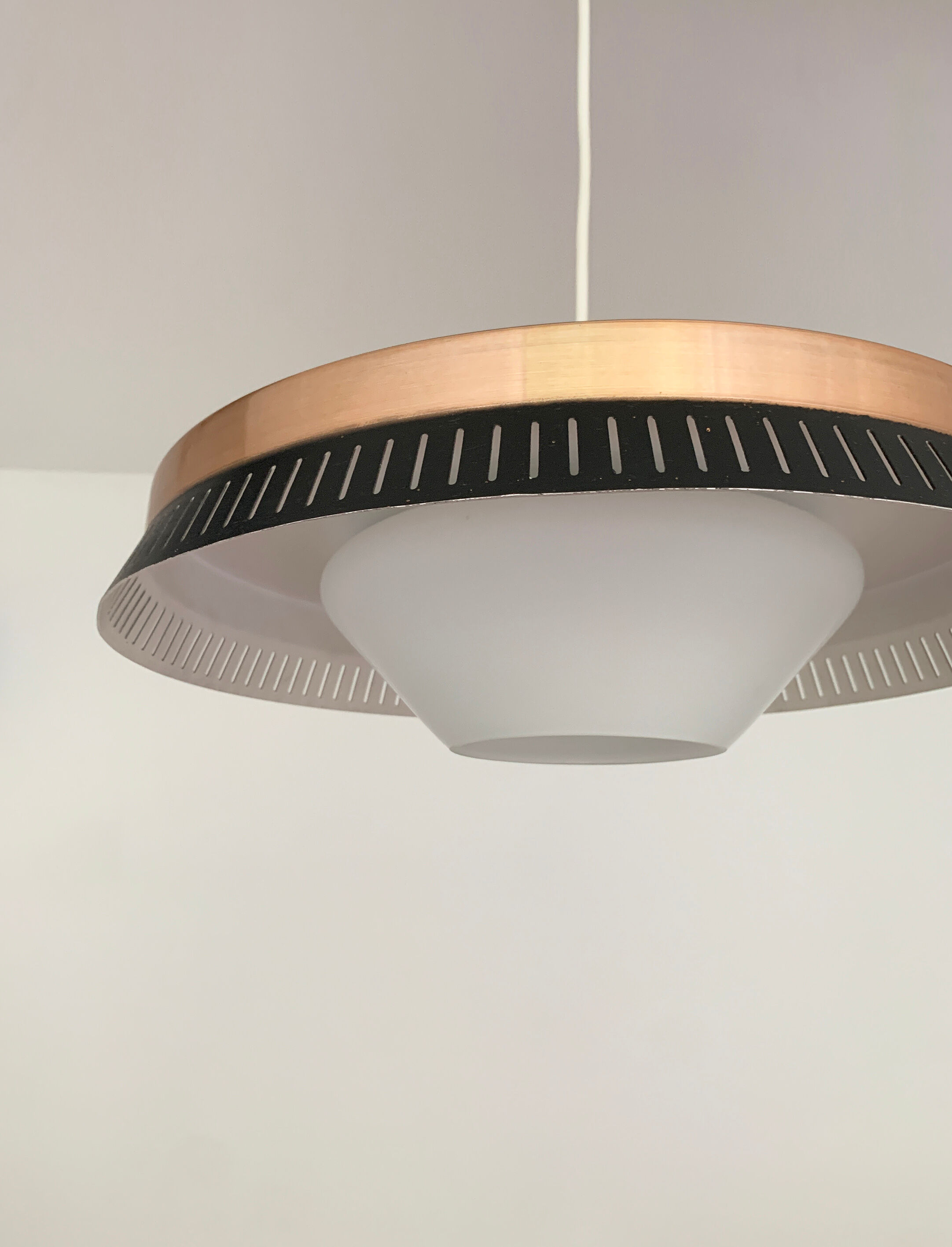 Scandinavian suspension lamp in copper and opaline glass, Bent Karlby for Lyfa, Denmark, 1960s