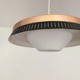 Scandinavian suspension lamp in copper and opaline glass, Bent Karlby for Lyfa, Denmark, 1960s