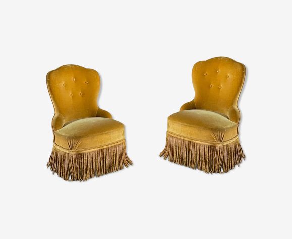 Fauteuil crapaud en velours moutarde vintage